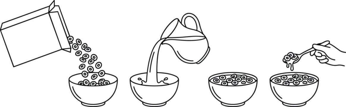 Step by Step Breakfast Cereal Loops Preparation Line Icon Set Showing Pouring Rings from Box Adding Milk from Jug and Eating with Spoon