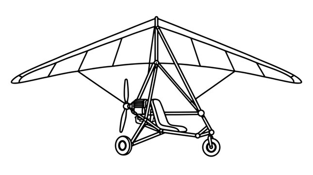 Black outline vector icon of a hang glider trike with fabric wing, tubular frame and seat drawn with medium black lines in three-quarter view exposing propeller, engine and wheeled undercarriage
