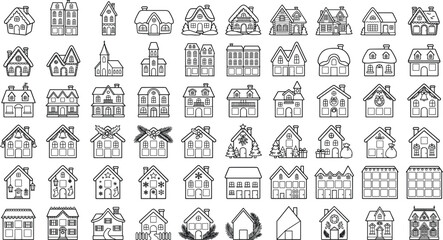 Fototapeta premium Hand Drawn Christmas House Collection with Festive Homes, Cottages, Churches, Snowy Decorations, Garlands and Holiday Architecture Line Art Vector Set
