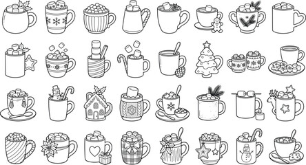 Fototapeta premium Hand Drawn Christmas Mug Collection with Hot Cocoa, Marshmallows, Candy Canes, Gingerbread, Snowman, Cookies and Festive Holiday Drinks Vector Set