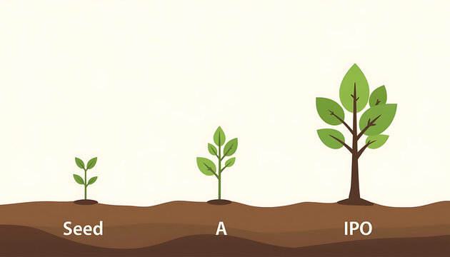 Business growth stages infographic, plant growing from seed to IPO, startup evolution concept with green trees in soil, financial development metaphor