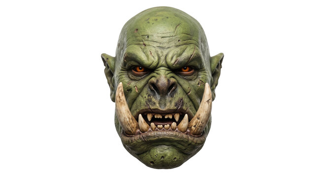 Detailed 3D render of a fierce green orc head with large tusks isolated on white background