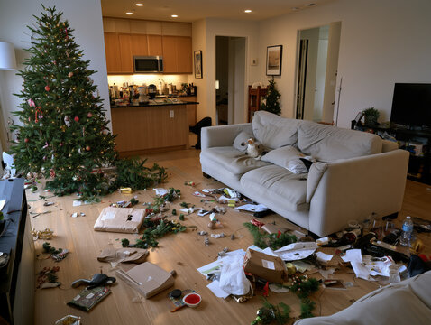 Messy living room after christmas holiday celebration party