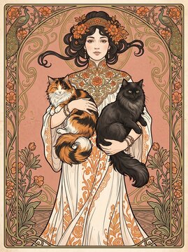 Beautiful art nouveau woman wearing elegant floral attire and holding fluffy calico and black cats within a decorative frame featuring peacocks and soft pink vintage tones