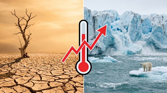Conceptual split screen showing global warming effects with a thermometer graph over drought and melting ice