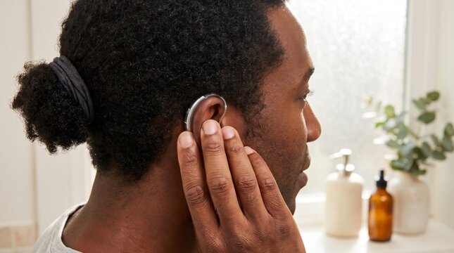 Audiology: Black man adjusts hearing aid during daily self-care routine at home