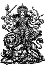 Fototapeta premium Maa Durga Fighting Mahishasura Demon with Lion Monochrome Vector Art