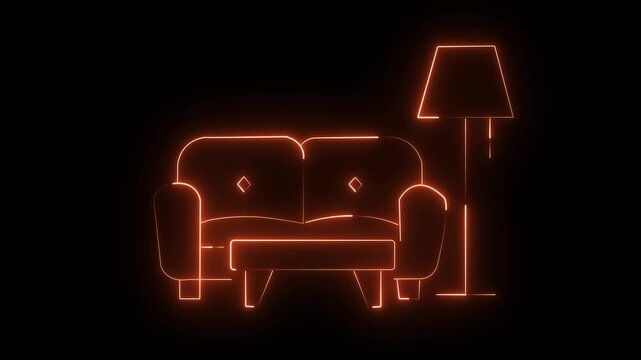 Modern glowing sofa and lamp in dark room