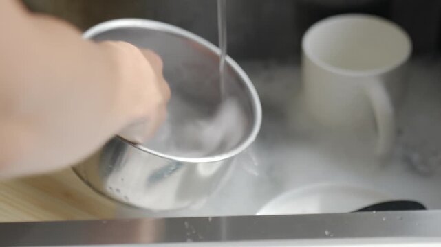Woman washes metal saucepan under running water while dishes soak in foamy kitchen sink. Cleaning cookware after cooking