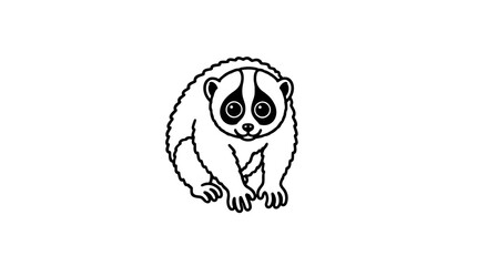 Obraz premium Black line art illustration of a compact crouching slow loris with large round eyes dark facial mask small ears and dense scalloped fur texture drawn in medium lines centered frontally