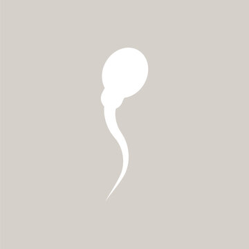 Minimalist sperm cell icon vector graphic, abstract human spermatozoa silhouette symbol, white reproductive biology cell icon on neutral grey background for healthcare and fertility design
