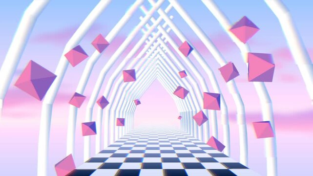 Soft pink geometric gems wobble through a glowing triangular corridor
