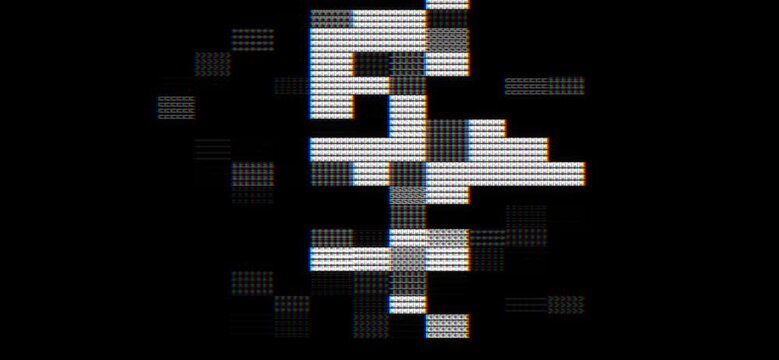 Abstract glitch animation with glitching and shifting pixel blocks on black background