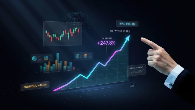 A businessman points to a digital hologram showing rising stock market charts and metaverse growth. Financial technology concept for global investment and business analysis.