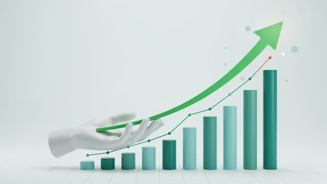 A 3D human hand supports a rising green bar graph with a growth arrow. Ideal for financial success, business analysis, and investment strategy concepts.