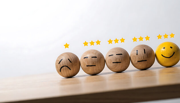 Wooden emotion ball set with five-star rating scale on wooden surface for feedback illustration
