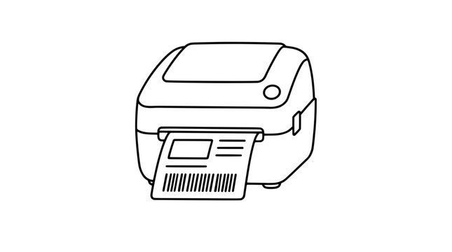 Black outline vector icon of a label printer with emerging receipt showing barcode rectangle and horizontal marks drawn with medium black lines in centered composition conveying thermal printing