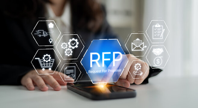 Businesswoman Reviewing a Request For Proposal with Digital Icons Representing Various Services and Communication Tools for Project Management. Bitwise.