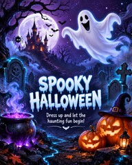Fototapeta premium Spooky Halloween Fun With Ghosts, Pumpkins, and a Haunted Castle at Night