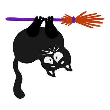 Cute black cat hanging upside down on a witch broomstick. Startled cartoon character for a Halloween celebration and autumn design. Vector illustration.