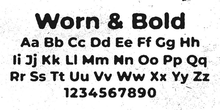 Vintage worn bold distressed font alphabet specimen set with uppercase, lowercase letters, and numbers on grunge textured background. Vector illustration