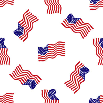 Seamless pattern of waving American flags on white background. For 4th of July Independence Day, Memorial, Veterans Day. For patriotic fabric, wallpaper, wrapping paper. Vector illustration