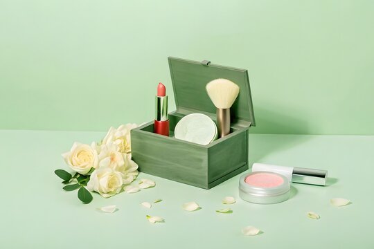 Cosmetic makeup products in a green wooden box with roses