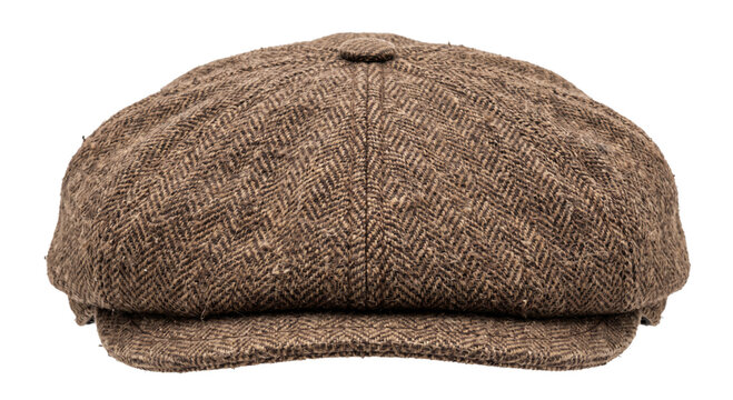 Brown herringbone tweed flat cap isolated on a clean white background for fashion design