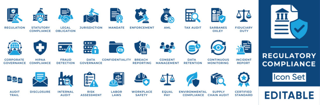 Regulatory compliance solid icon set featuring corporate governance, hipaa, sarbanes oxley, aml, data privacy, esg, and internal audit symbols.