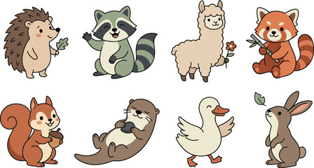 Fototapeta premium Cute cartoon animals collection: hedgehog, raccoon, llama, red panda