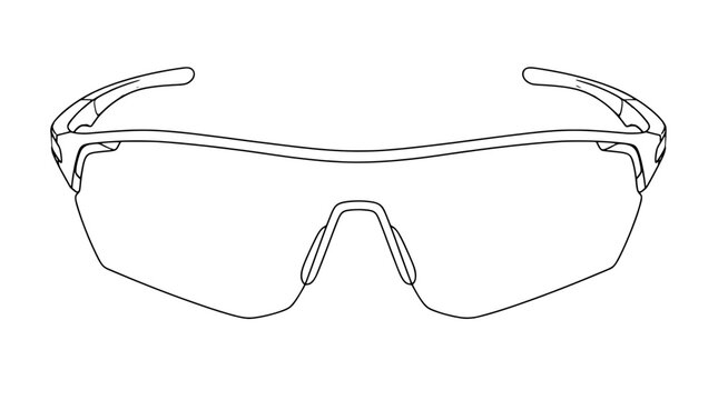Black outline vector icon of wraparound cycling glasses with single wide lens, nose pads and curved temple arms rendered in thin lines in centered front view emphasizing aerodynamic shield design