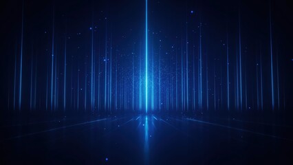 Fototapeta premium Abstract blue light streaks rising from a dark digital floor with floating particles. Perfect for futuristic technology backgrounds and data visualization concepts.