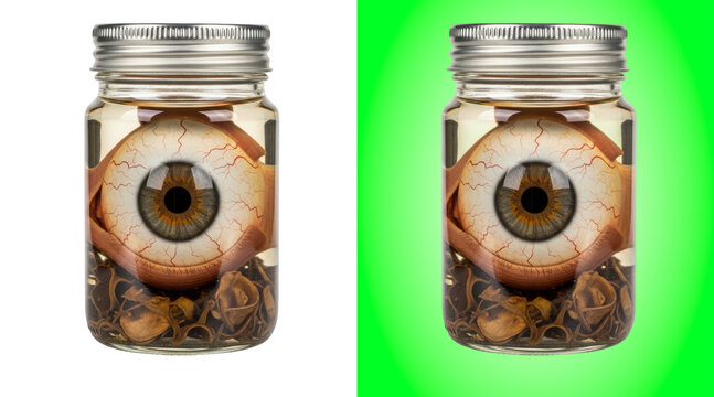 Preserved human eye jars with formaldehyde and hair