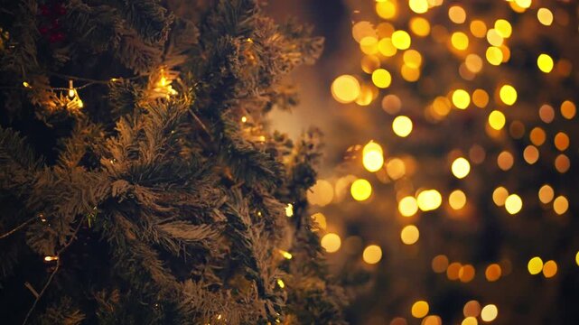 Close up of snow covered Christmas tree branches decorated with warm glowing string lights and golden bokeh in background, cozy festive atmosphere, winter holiday celebration