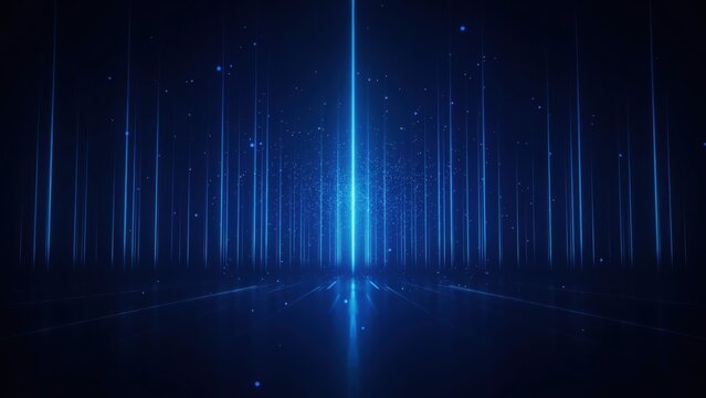 Abstract blue light streaks rising from a dark digital floor with floating particles. Perfect for futuristic technology backgrounds and data visualization concepts.