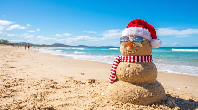 A festive sandman wearing a santa hat, sunglasses, and a striped scarf on a sunny beach, representing a tropical christmas holiday concept