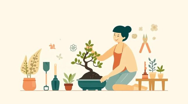 Gardener woman pruning bonsai tree surrounded by potted plants and gardening tools in flat style.