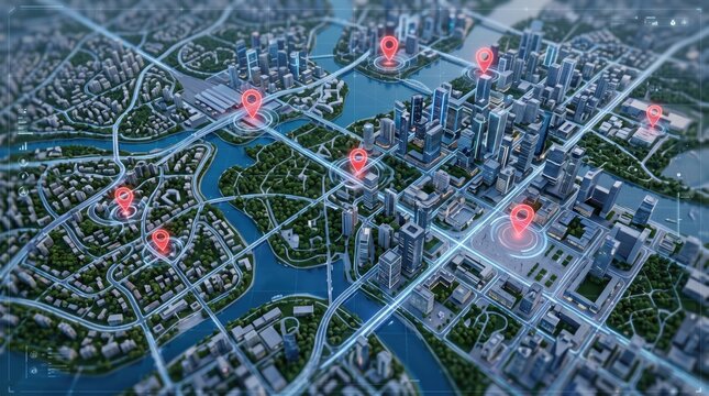 Futuristic digital city map visualization with red location pins and glowing data lines, representing smart city navigation and urban planning, global connectivity, technology network