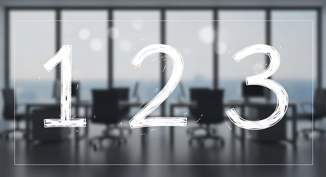 Numbers 1 2 3 chalk drawings on glass window with blurred office interior background representing business steps