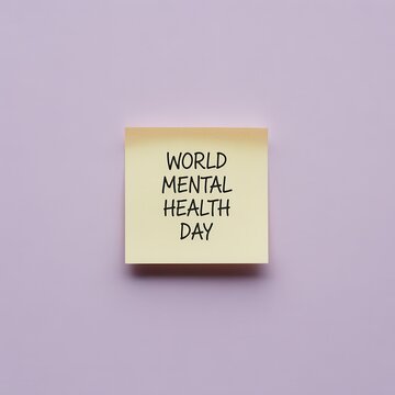 Yellow sticky note with handwritten world mental health day text on purple background.