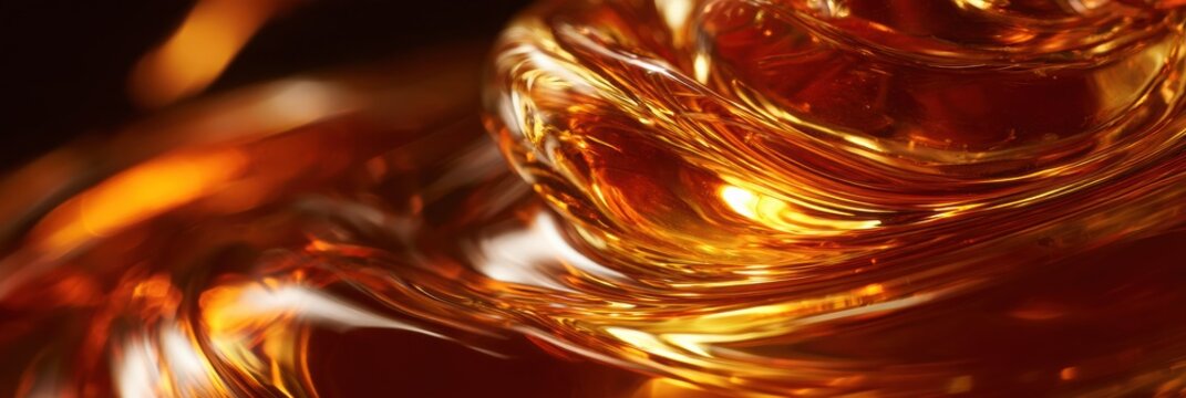 Amber liquid moves and swirls in a clear fluid, capturing light in a clinical setting. The dark background enhances the warm colors.