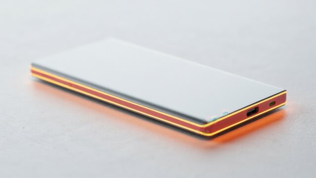 A slim power bank with glowing orange edges rests on a neutral surface. It represents portable energy solutions for modern electronics and business tech concepts.