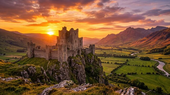 Ancient medieval castle ruins dramatically silhouetted against a vibrant sunset sky, overlooking a green valley with a winding river and distant mountains, evoking history and fantasy travel