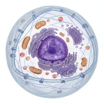 Detailed 3D illustration of an human cell cross-section showing nucleus, mitochondria, and organelles, isolated on white background