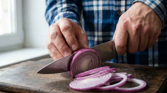 Close up of a person slicing red onion with a knife on a rustic wood surface.