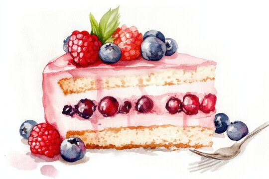 Watercolor slice of berry cake with mixed berries and fork