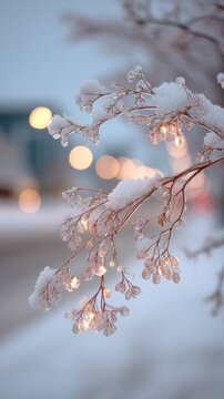 Winter branch with snow and ice illuminated by warm bokeh lights