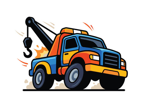 Tow truck vector illustration of a cartoon wrecker vehicle with crane and hook on white background