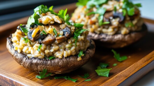 Savory mushroom risotto in portobello caps garnished with fresh parsley