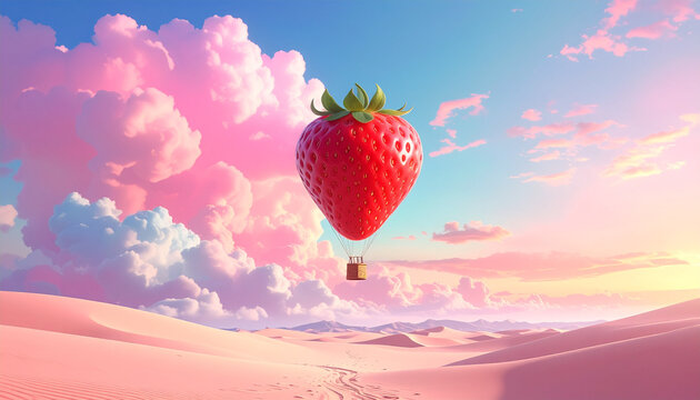 Giant ripe strawberry shaped hot air balloon floating over pink pastel desert dunes, surreal dreamy fantasy for creative travel concepts